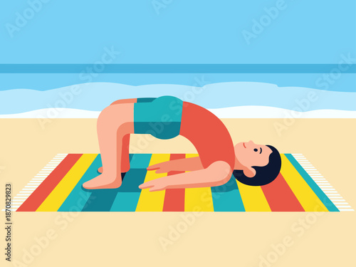  man performs a child-s bridge pose on a beach mat This fitness illustration showcases core strength and relaxation Bright cheerful colors and a clear composition