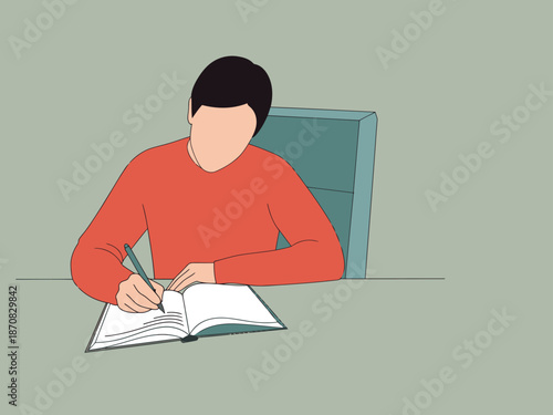 A young man journals, reflecting on mental health. He sits at a desk with a notebook and pen, creating a thoughtful and serene image. Soft colors and a minimalist style.
