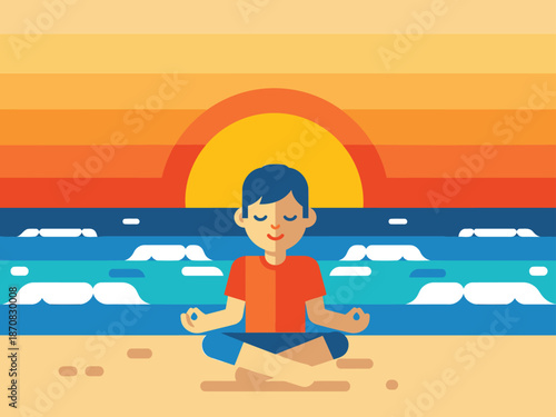 A serene young boy meditates on a beach at sunset. Flat design illustration evokes calm and relaxation. Perfect for wellness and mindfulness content.