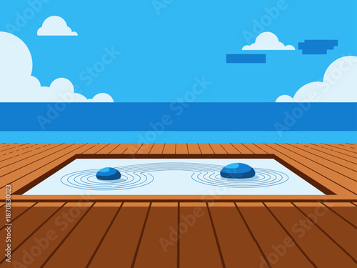 A serene beach meditation deck features a sand garden with ripples and two stones. The minimalist design evokes tranquility and relaxation. Perfect for wellness and lifestyle visuals.