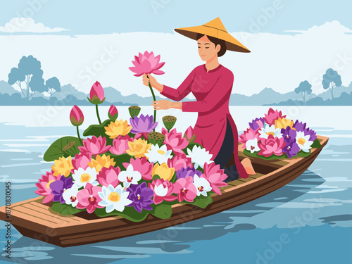 serene seller arranges vibrant lotus flowers on a traditional boat amidst a tranquil lake A beautiful Asian woman in a traditional dress showcases a stunning floral display