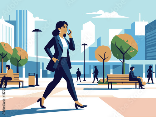 A stylish woman in a business suit communicates on her phone in a vibrant urban park. Modern, professional, and visually appealing.