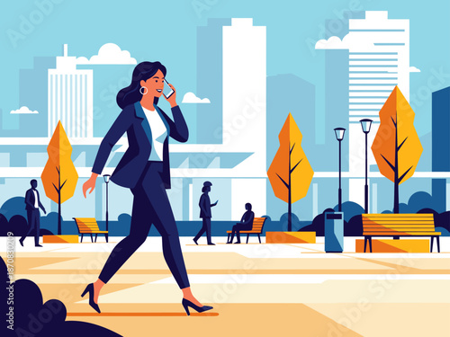 A stylish woman in a business suit communicates on her phone amidst an urban park. Modern, vibrant illustration. Focus on communication and city life.