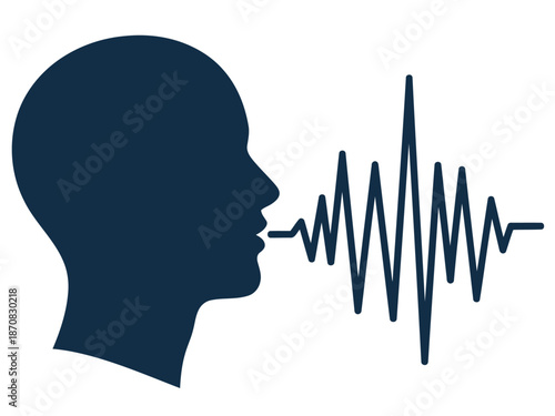 A stylized silhouette of a head emitting a soundwave, representing mindful voice. Modern, minimalist design with a focus on audio and communication. Suitable for tech, wellness, and business themes.