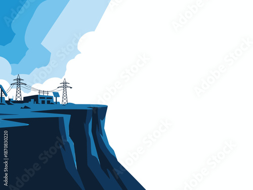 A stylized mountain landscape featuring a hydroelectric power plant. Bold blue and gray tones create a modern, impactful visual. ?Yoga Mountain Green Energy? branding is prominently displayed.