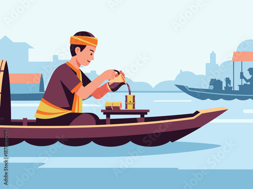 A traditional seller pours a drink from a boat on a river, showcasing a vibrant cultural scene.  Clear composition, appealing colors, ideal for commercial use.