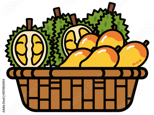 A vibrant tropical fruit basket market scene. Fresh mangoes and durian are displayed in a rustic woven basket. Bright colors and a detailed illustration style create a lively and appealing image.
