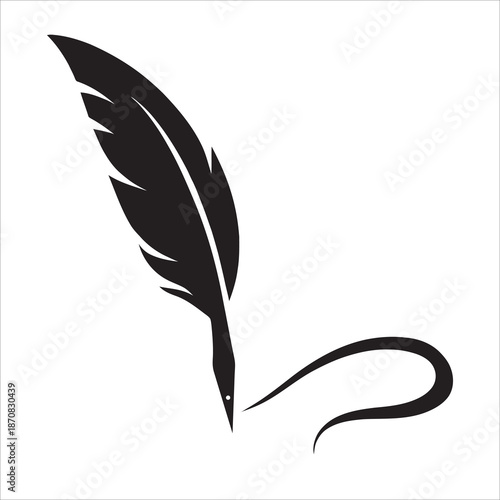 Black Feather Quill Pen Silhouette Elegant Calligraphy or Author Vector Icon