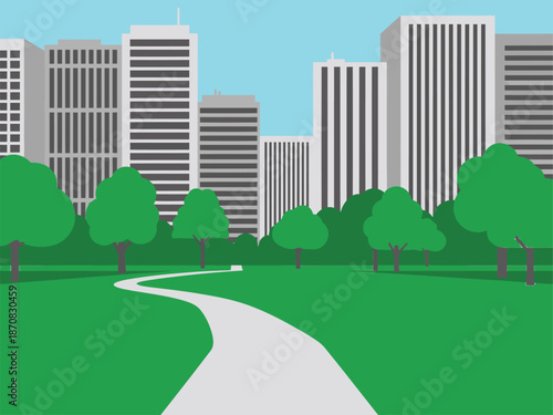 A vibrant urban park blends with a modern office environment. Green trees and a winding path offer a tranquil escape amidst city skyscrapers. Ideal for business and lifestyle visuals.