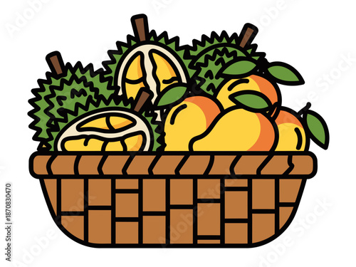 A vibrant tropical fruit basket overflows with durian, mango, and orange. Rustic wicker basket, perfect for market or display. Bright, appealing composition.