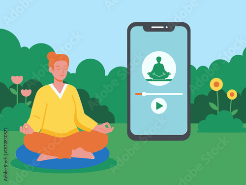 A woman meditates outdoors using a smartphone app. A serene scene promoting digital wellness and mindfulness. Soft colors and a calming composition.