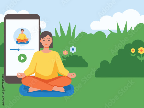A woman meditates using a digital wellness app on her phone, set against a serene outdoor backdrop.  Promotes relaxation and mindfulness.  Bright, calming visuals.