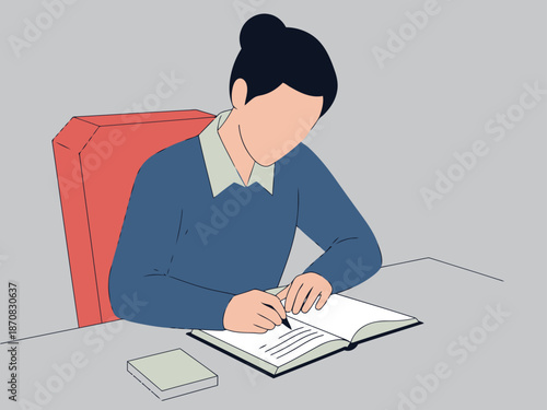 A young woman thoughtfully journals at a desk, promoting mental wellness and reflection. A soft, calming aesthetic emphasizes self-care and introspection.
