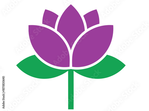 Zen lotus flower icon. A stylized purple lotus flower on a green stem, set against a white background. Clean, modern design suitable for various applications.