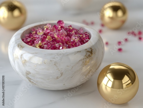 Close up of golden spheres and a bowl of pink gems on a white surface