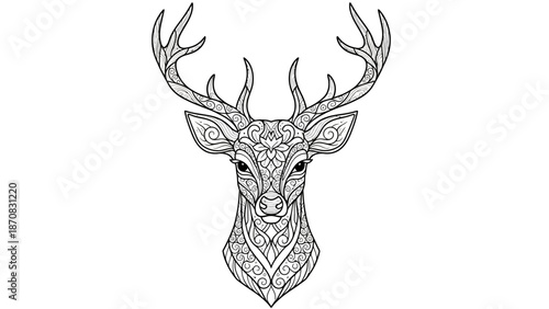 Intricate Line Art of Majestic Deer with Elaborate Antlers for Coloring or Design