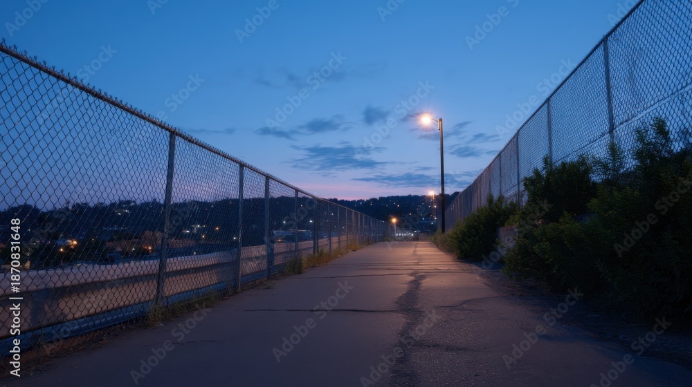 Fototapeta premium Peaceful Elevated Walkway at Dawn with Lingering Crowds and Softly-lit Surroundings
