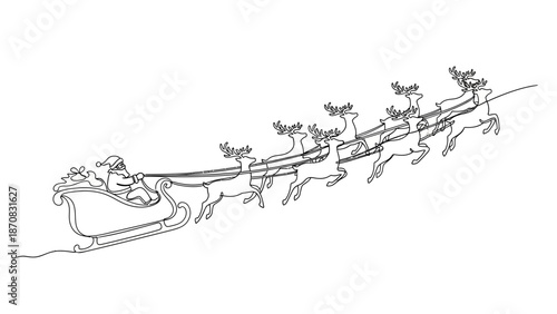 Minimalist Line Art Illustration of Santa Claus in Sleigh Led by Reindeer with a Flying Motion