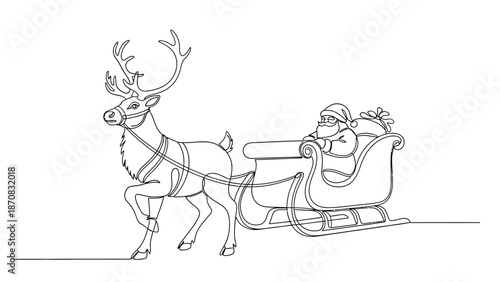 Christmas Reindeer Pulling Santa's Sleigh Illustration in Line Art Style