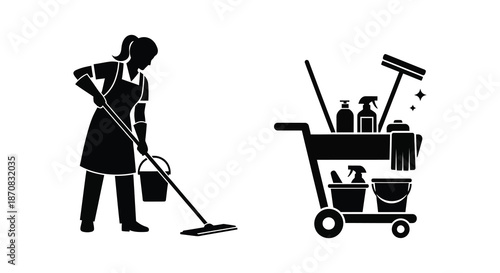 Cleaning services icon with a maid and supplies black silhouette