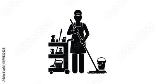 A cleaning lady with equipment in a striking black silhouette