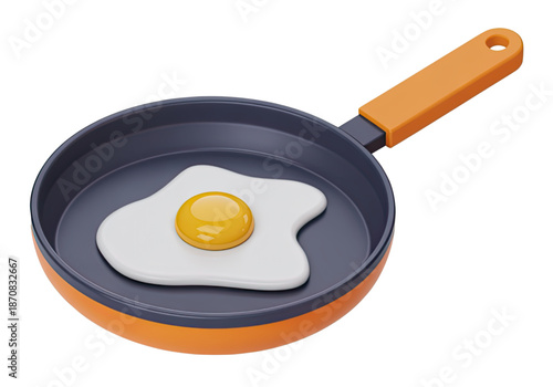 Delicious 3D Fried Egg in a Nonstick Pan with Orange Handle for Breakfast Meal Design