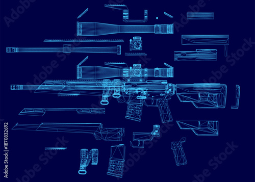 A modern sniper rifle blueprint on a blue background displays a detailed wireframe view of its internal components and assembly.