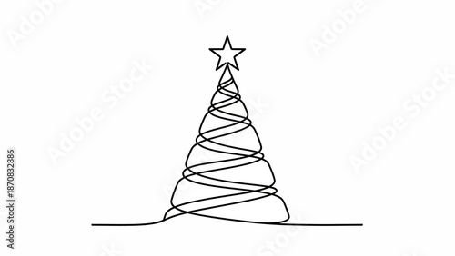 Minimalist Line Drawing of a Christmas Tree with Star Topper and Spiraled Layers for Holiday