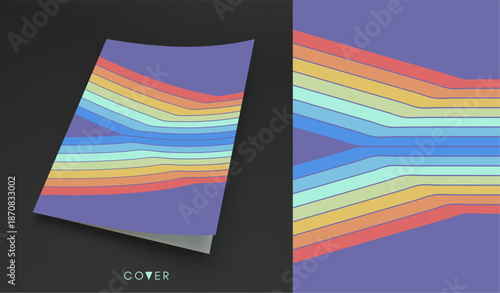 Retro background from the 60s, 70s, or 80s. A pattern of colorful stripes cut in the middle. Abstract ribbons. Softcover book layout. Cover design template. Vector for brochure, notebook or notepad.