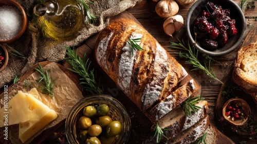 Rustic European bread selection with artisanal cheese and various Mediterranean snacks