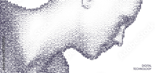 A face emerging through a cascading digital code matrix. Concept of digitalization and artificial intelligence. 3D vector illustration for a brochure, poster, presentation, flyer, or banner.