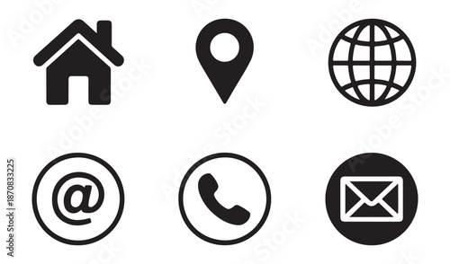 Set of black linear contact information icons for business card website app development on white background vector