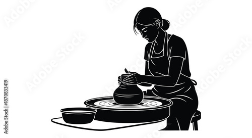 A woman crafting pottery on a wheel a striking black silhouette