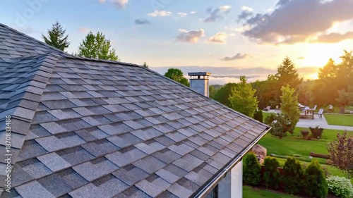 Close-up of a roof with asphalt shingles, showcasing texture and design against a sunset.