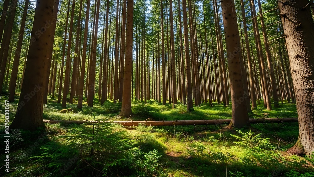 Fototapeta premium Tall trees stand in a serene forest with sunlight filtering through the dense foliage on a peaceful day 20260107_224207_900.jpg