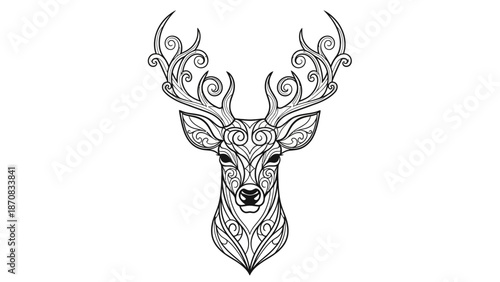 Intricate Deer's Head Outline with Elaborate Antler Design and Artistic Detailing