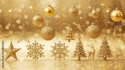Elegant golden Christmas decoration with ornaments snowflakes and reindeer festive decor for