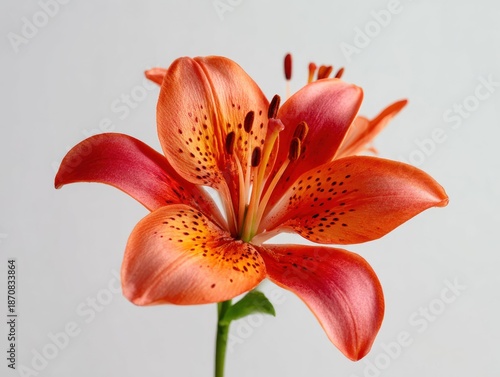Close up of vibrant orange lily flower with reddish accents and green stem
