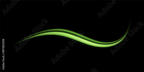 Glowing neon green lines, realistic energy speed. Abstract light effect on a black background. Vector illustration.