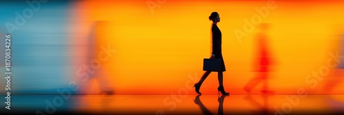 Silhouette of businesswoman walking with briefcase against vibrant orange blue background. Depicting motion, dynamic corporate environment, success, career