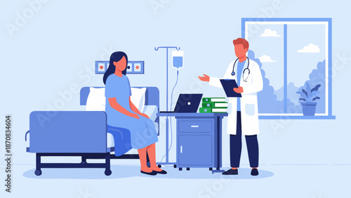 Doctor and patient in a hospital room, medical checkup vector illustration