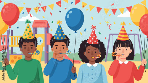 Happy children wearing party hats and blowing party horns in a playground vector illustration