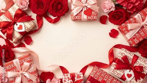 Valentine Flat Lay Frame with Red Roses, Gift Boxes, Satin Ribbons, and Heart Decorations for Greeting Card, Love Banner, Wedding Invitation, Social Media Post, and Valentine’s Day Promotion with Copy