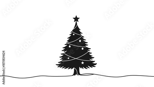 Minimalistic Black and White Christmas Tree with Star Topper and Decorations in Simple Style