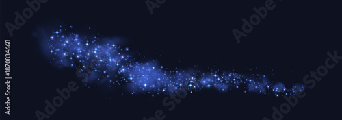 Blue magic sparks and dust stars. Blue glow flare light effect. Vector particles on black background.