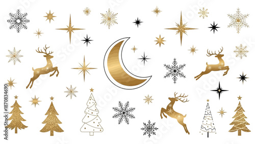 Elegant Christmas and New Year Holiday Icons with Gold and Black Elements in Festive Pattern