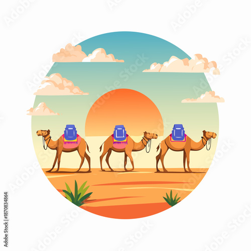 Camel caravan going through the desert on sunset, vector illustration