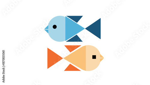 Minimalist Geometric Illustration of Two Colorful Fish Facing Opposite Directions