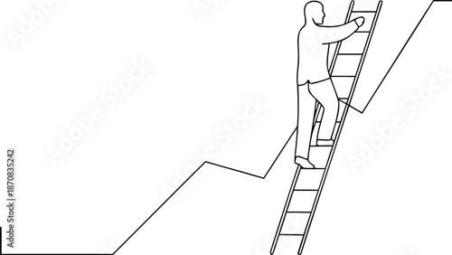 Man climbing ladder up abstract stairway to success
