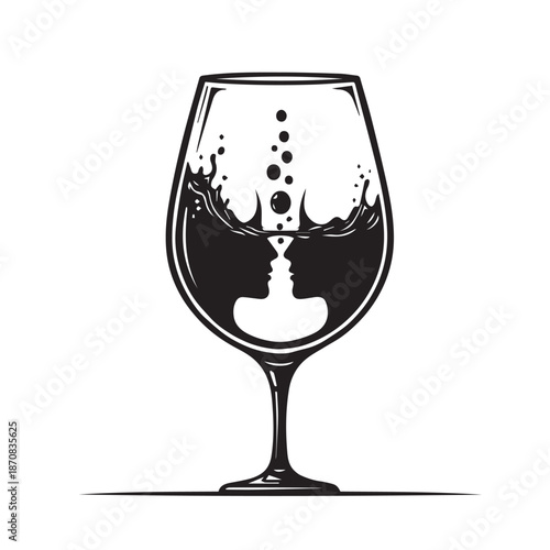 Romantic silhouette of a couple inside a wine glass with liquid splash and bubbles.